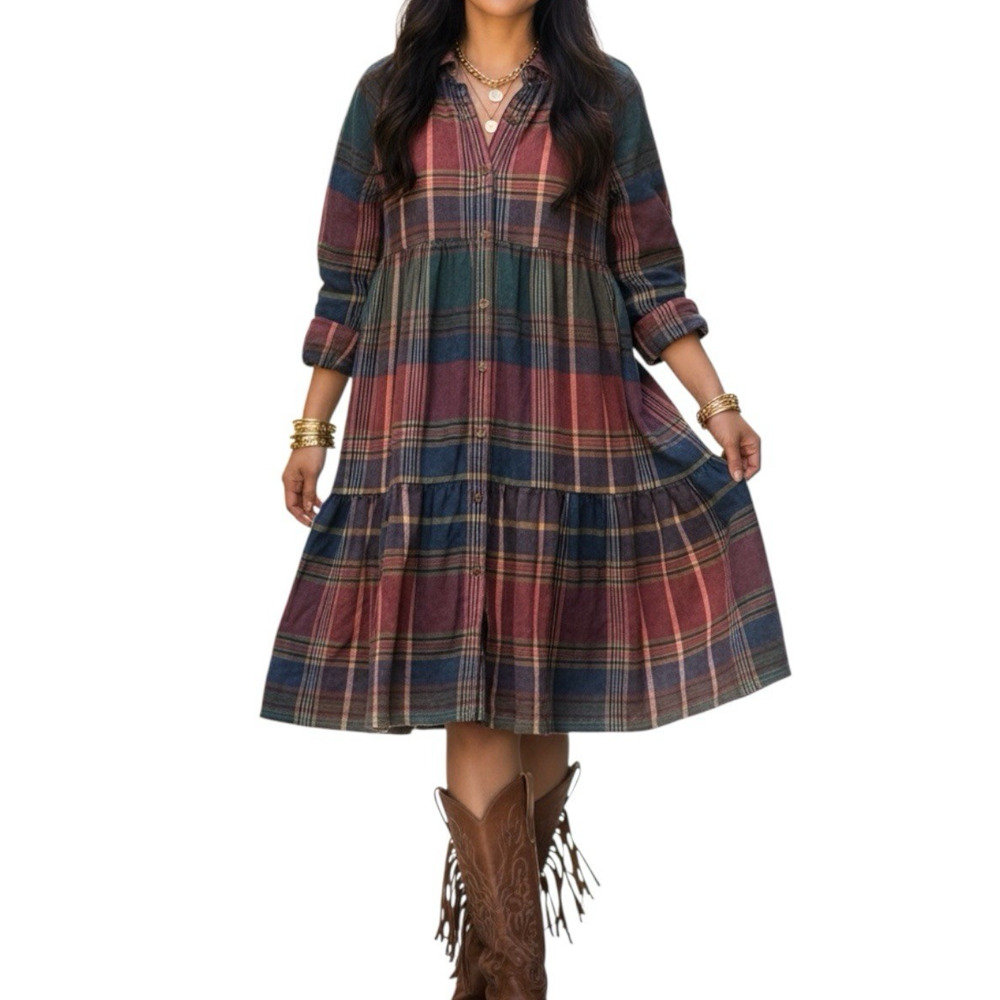 Plaid Tiered Button Front Dress Cottagecore Goblincore Cotton Small